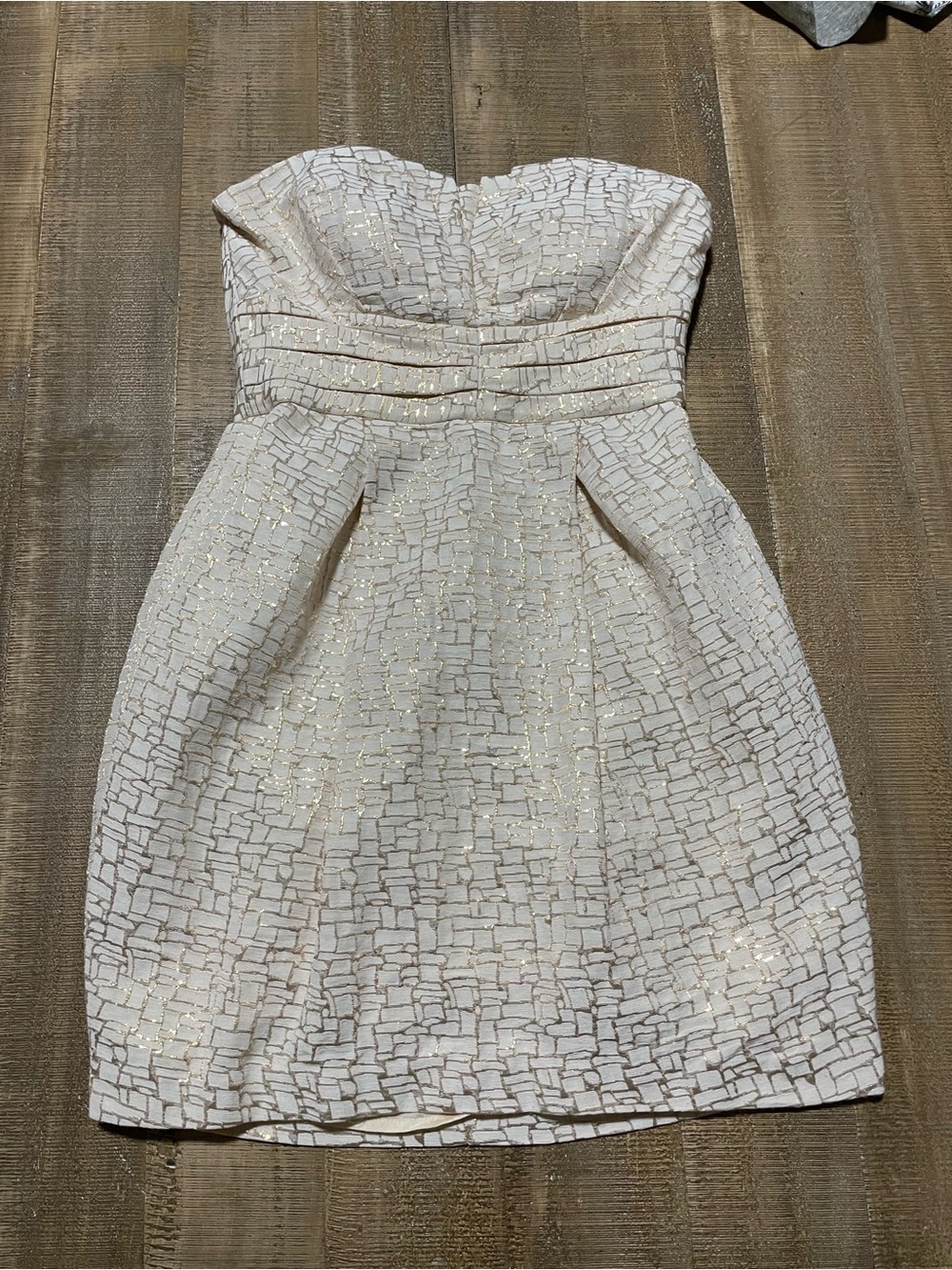 Max & Cleo Strapless White Dress with champagne colored Mosaic Accents